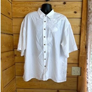 Bamboo Cay Short Sleeve Button Down 3XL White Tropical Leaf Embroidered Shirt